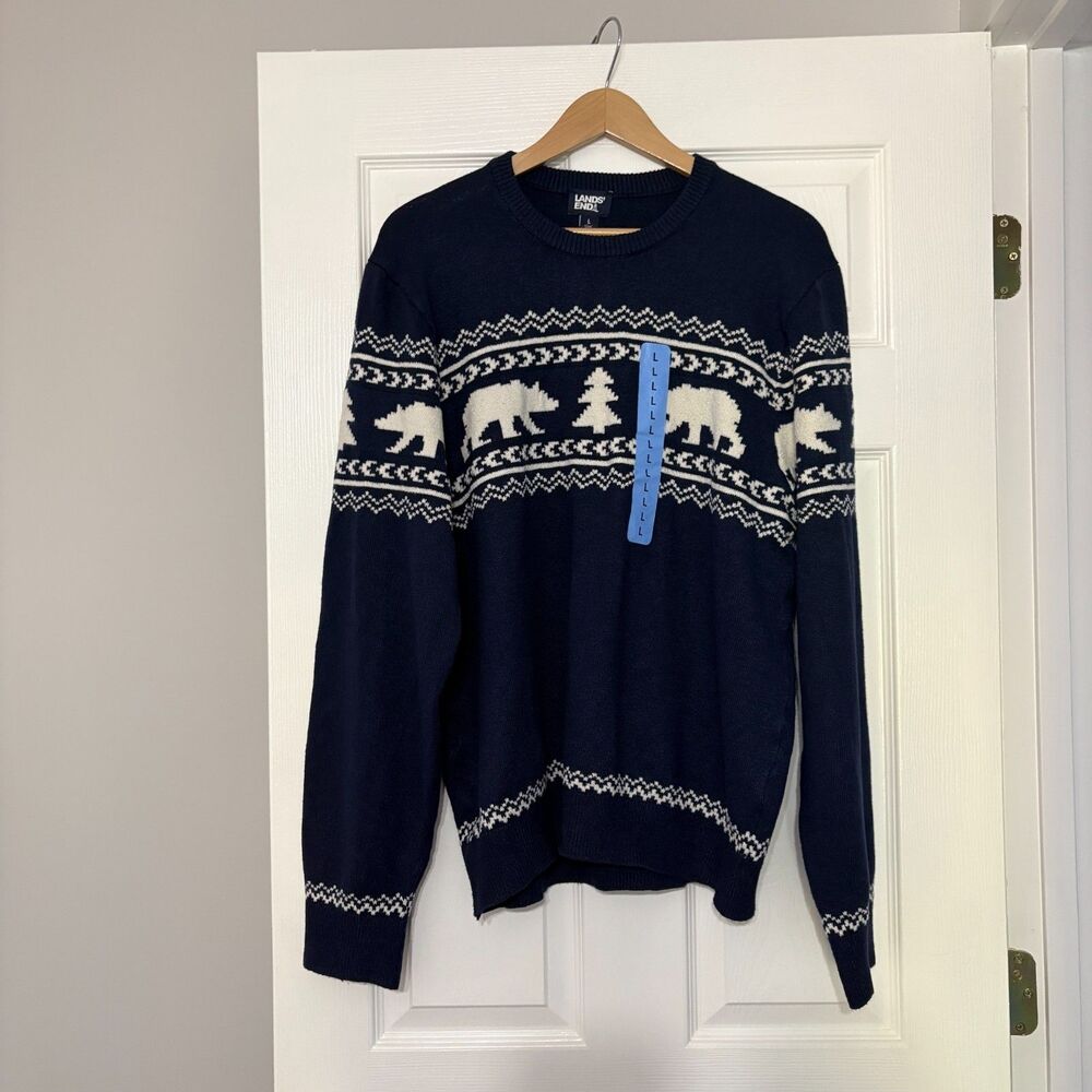 Lands End Sweater Mens L Blue Fair Isle Nordic Bear Tree Crew Neck Pullover